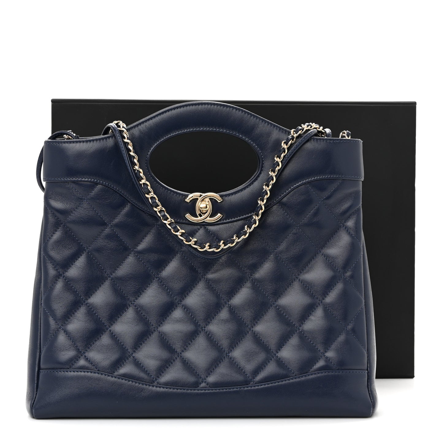 Shiny Lambskin Quilted Small 31 Shopping Bag Blue