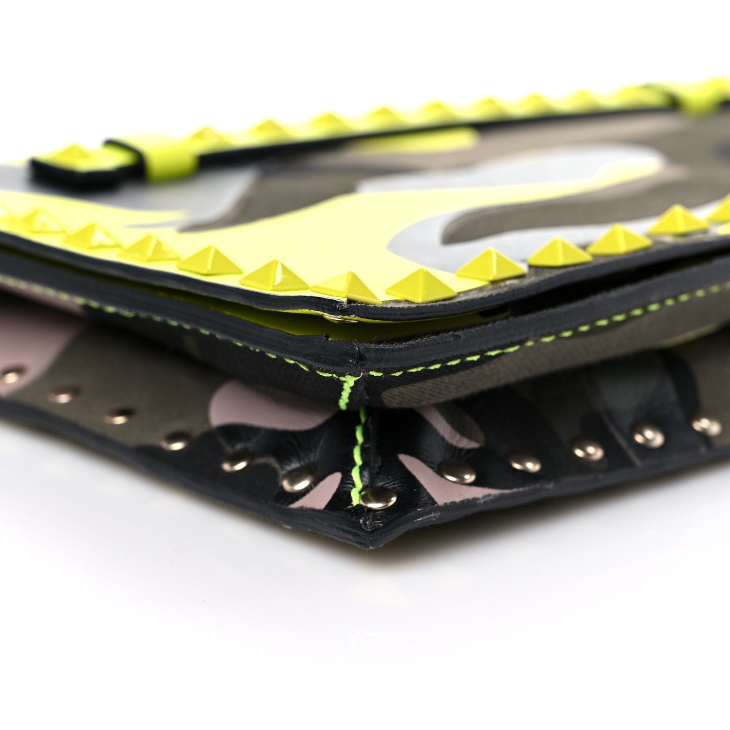 Valentino Garavani Nappa Canvas Camouflage Rockstud Wristlet Clutch Yellow Fluo Green 7 of 15