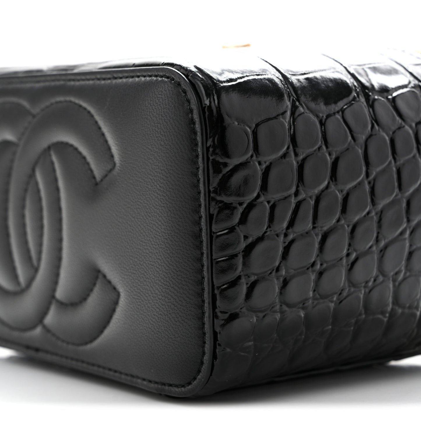 Calfskin Crocodile Embossed Crococo Small Top Handle Vanity Case With Chain Emerald