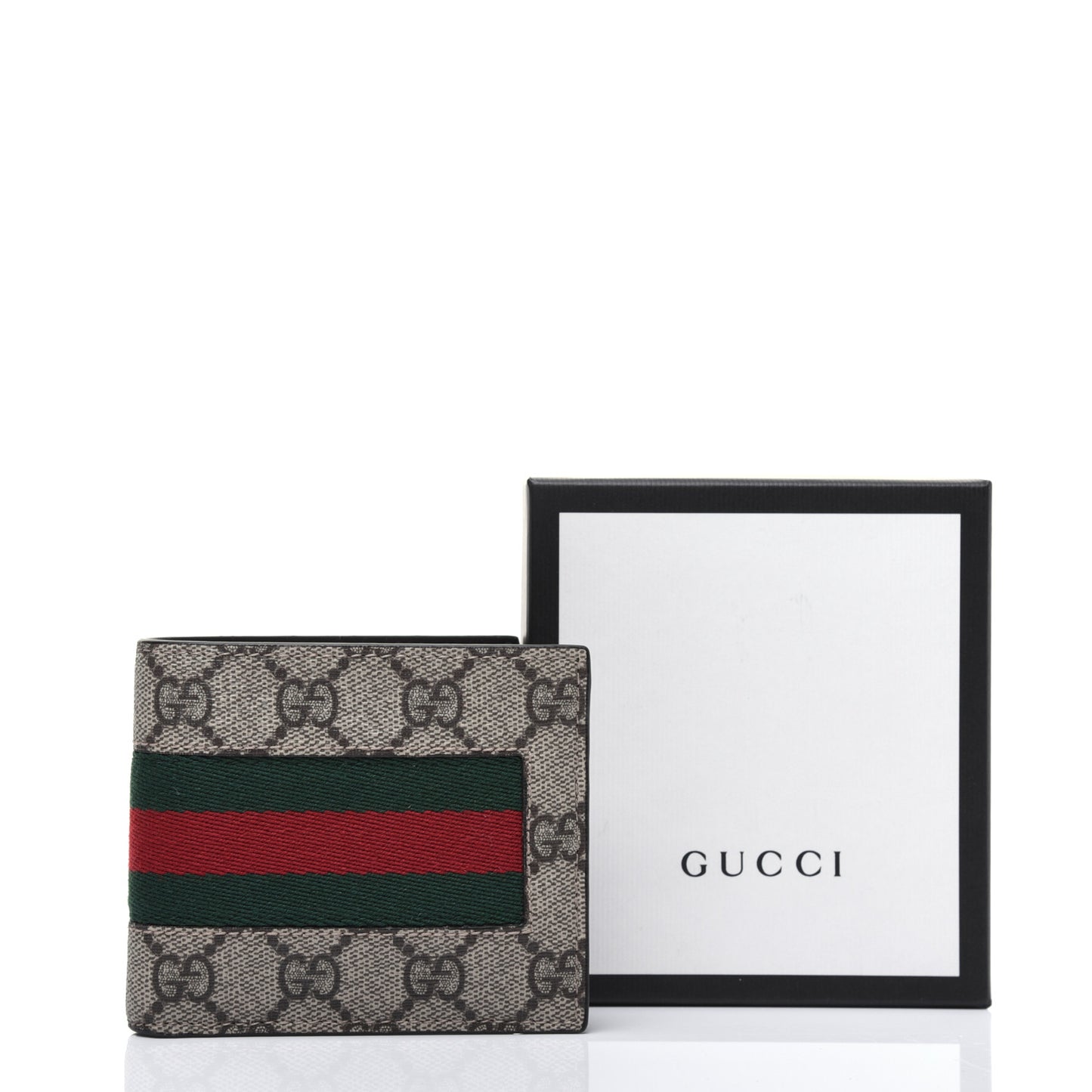 GG Supreme Monogram Selleria Calfskin Web New Web Bi-Fold Wallet Beige Ebony Cocoa