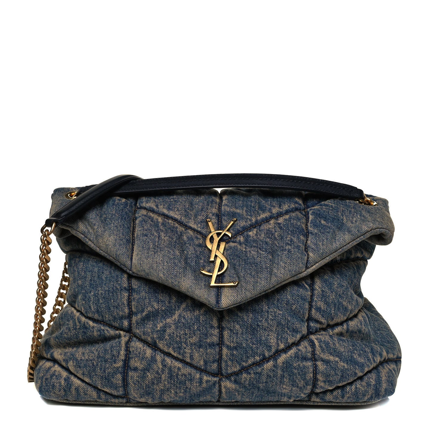 Denim Quilted Medium Loulou Puffer Monogram Chain Satchel Blue Black