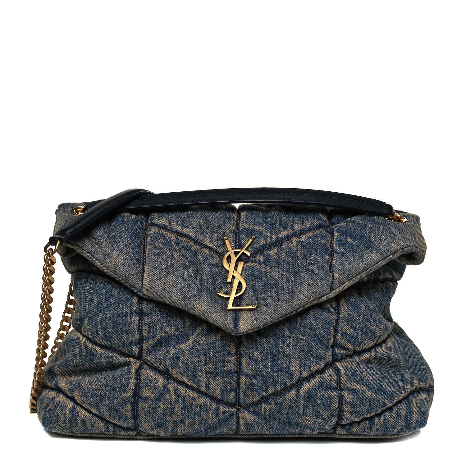 Saint Laurent Denim Quilted Medium Loulou Puffer Monogram Chain Satchel Blue Black 1 of 9