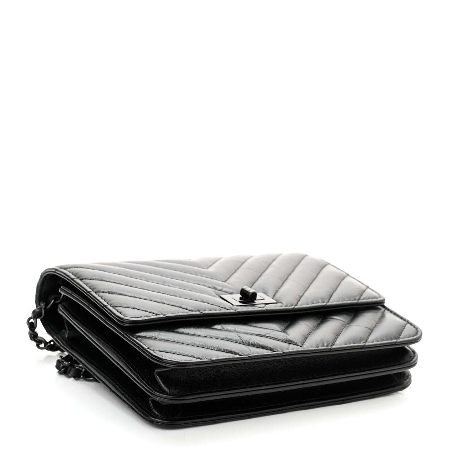 Aged Calfskin Chevron Quilted Reissue 2.55 Square Wallet On Chain WOC So Black