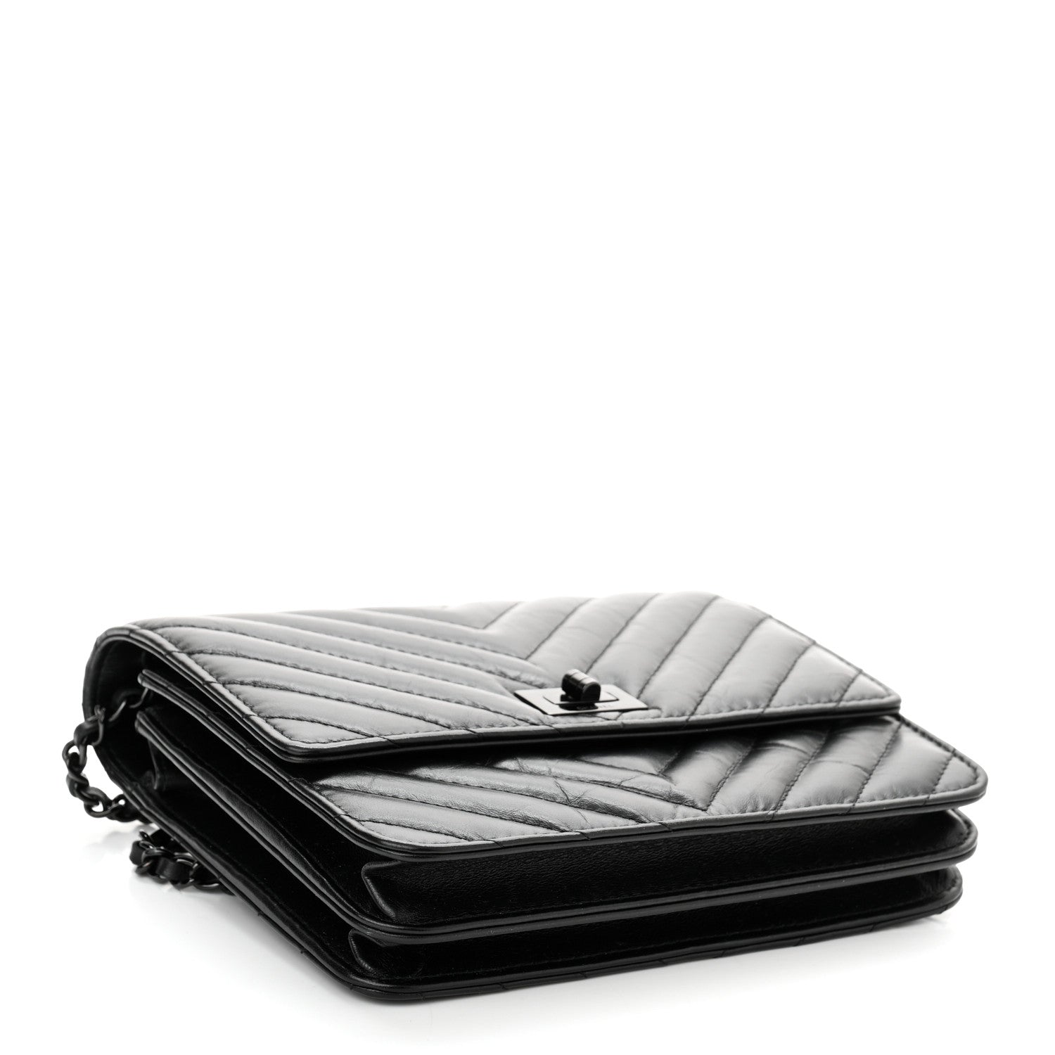 Chanel Aged Calfskin Chevron Quilted Reissue 2.55 Square Wallet On Chain WOC So Black 4 of 12