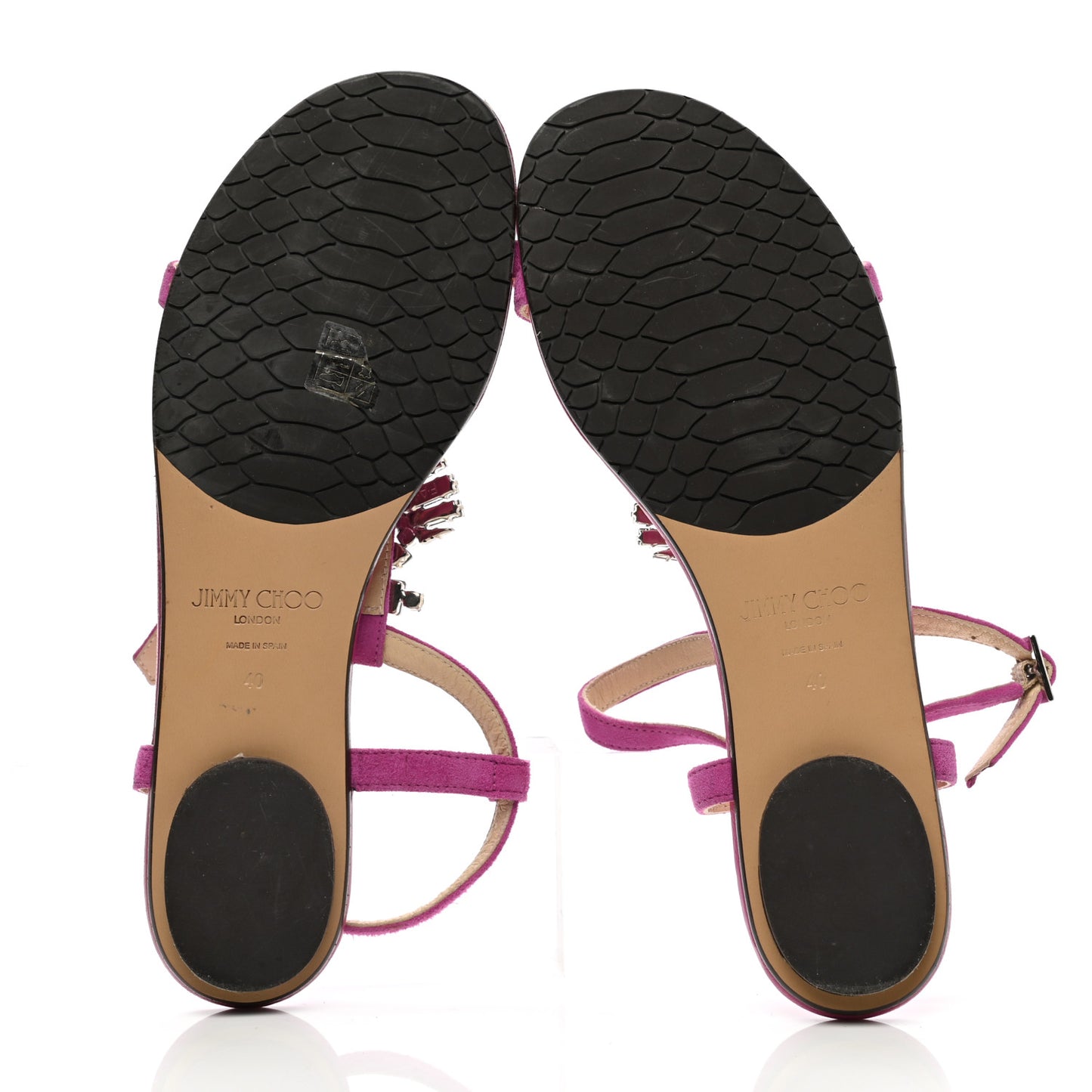 Suede Crystal T-Strap Flat Sandals 40 Magenta