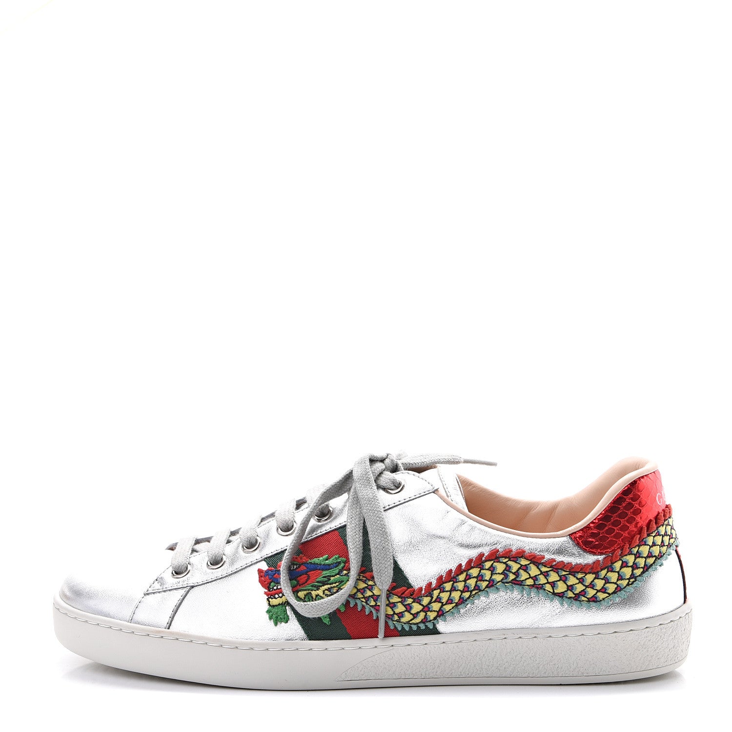 Gucci Metallic Nappa Ayers Web Dragon Embroidered Mens New Ace Sneakers 8.5 Silver 1 of 7