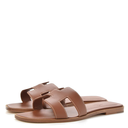 Hermes Box Calfskin Oran Sandals 37.5 Gold 3 of 8