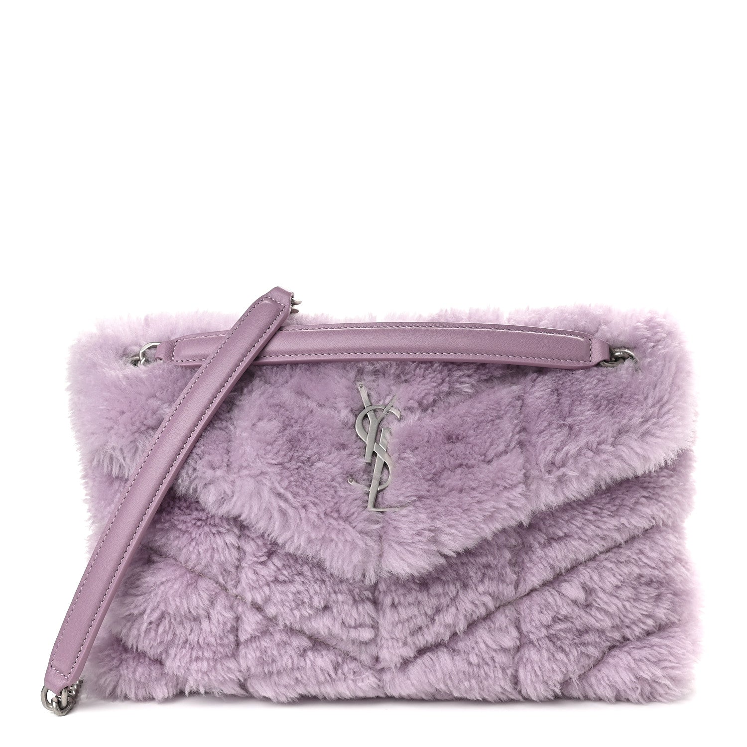 Saint Laurent Merino Shearling Lambskin Quilted Small Loulou Puffer Monogram Chain Satchel Lila 1 of 8