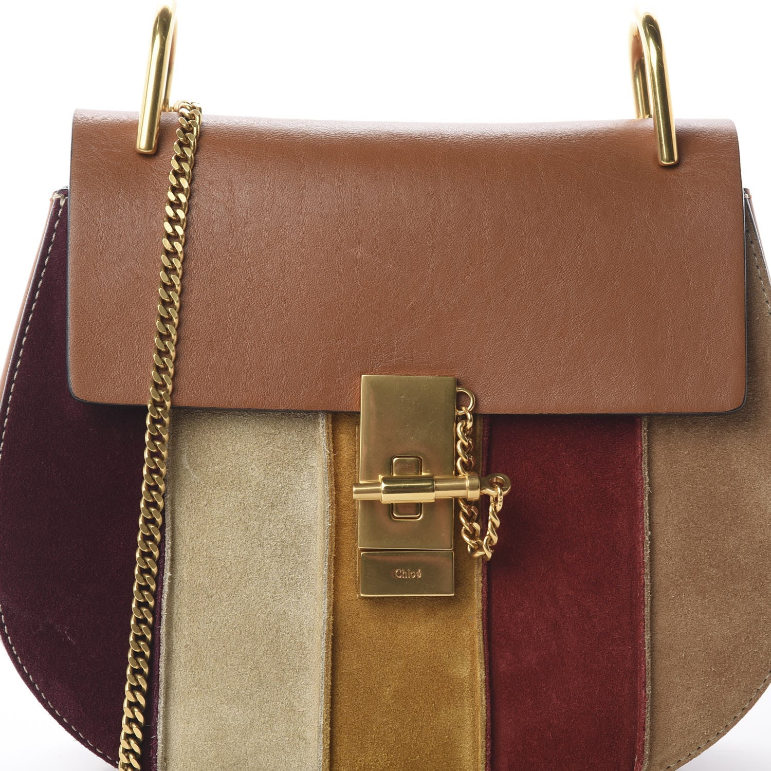 Chloe Smooth Calfskin Suede Striped Patchwork Drew Shoulder Bag Caramel 8 of 8
