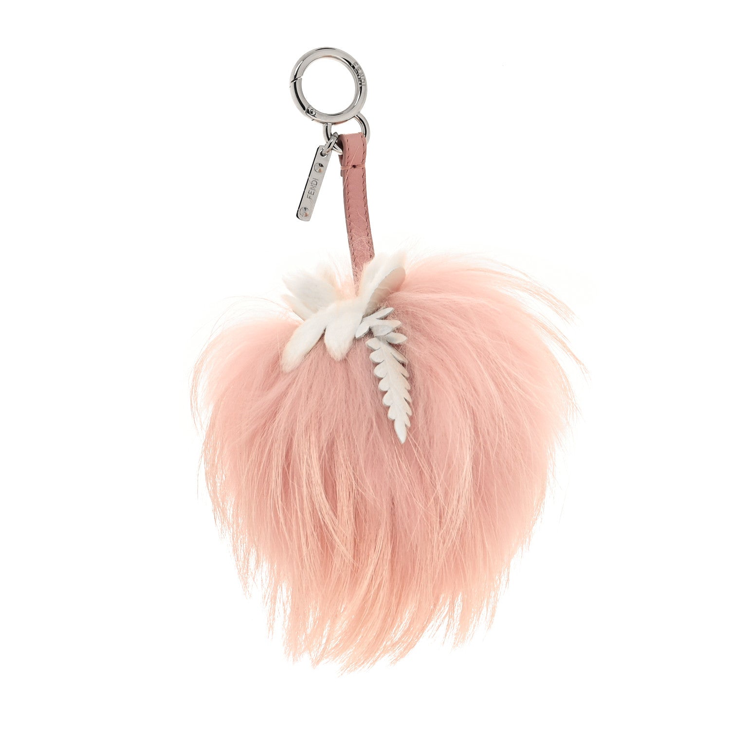 Fendi Raccoon Rabbit Fur Shiny Nappa Flower Pom Pom Bag Charm Rosa White 1 of 5