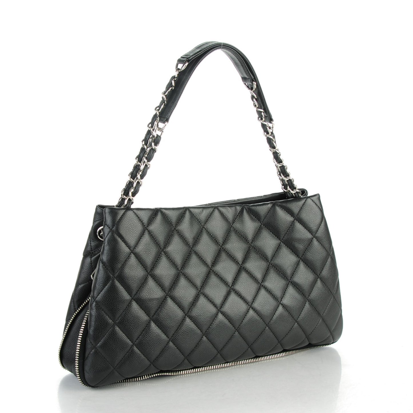 Caviar Quilted Expandable Zip Shoulder Bag Black