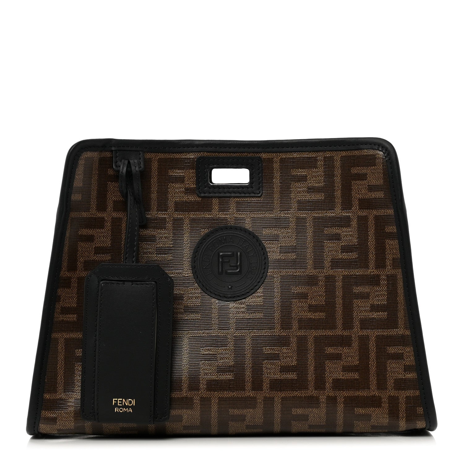 Fendi Glazed Fabric Vitello Century FF 1974 Stamp Patch Mini Peekaboo Defender Cover Mogano Panna Black 1 of 6