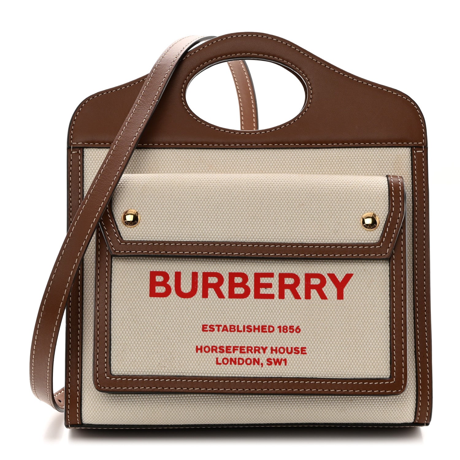 Burberry Canvas Smooth Calfskin Two Tone Mini Pocket Bag Natural Tan Fiery Red 1 of 11