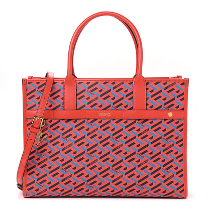 Versace Coated Canvas Calfskin La Greca Signature Tote Bag Blue Red 1 of 8