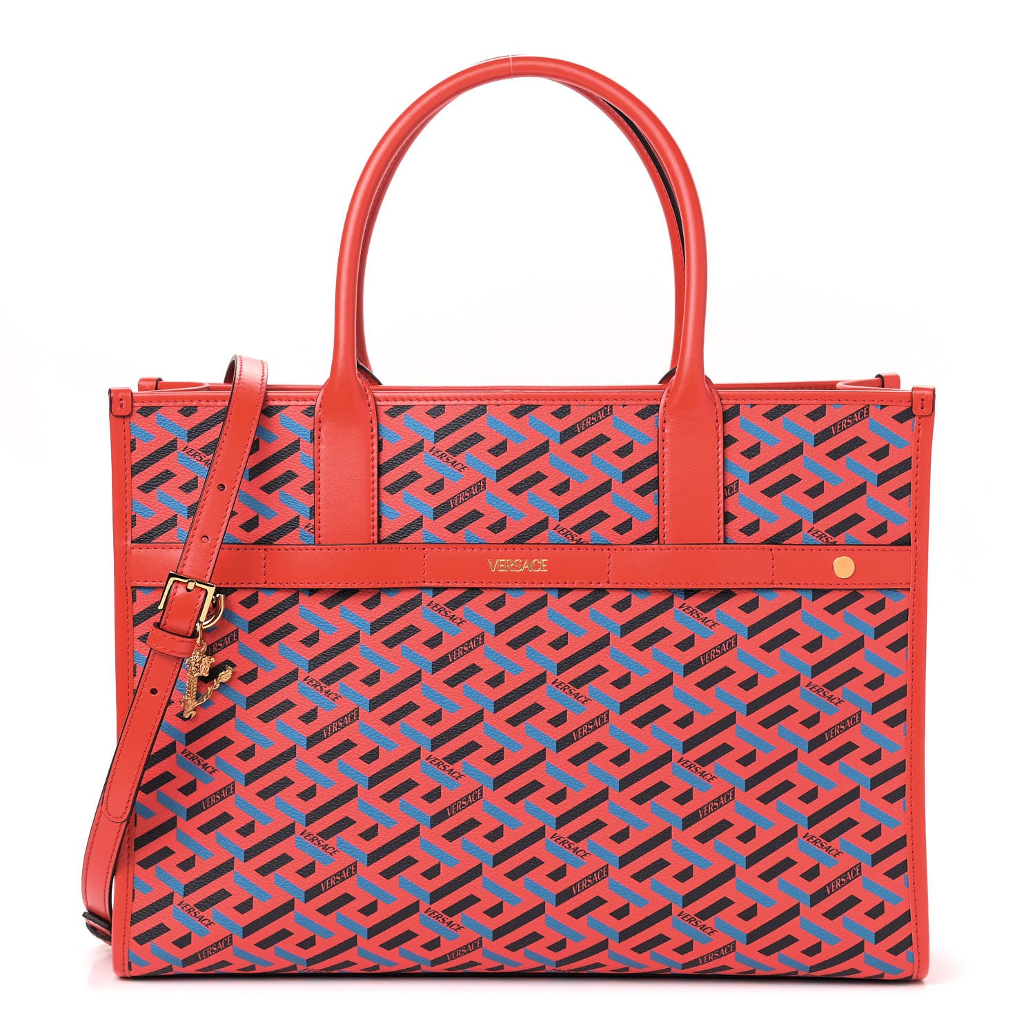 Versace Coated Canvas Calfskin La Greca Signature Tote Bag Blue Red 1 of 8