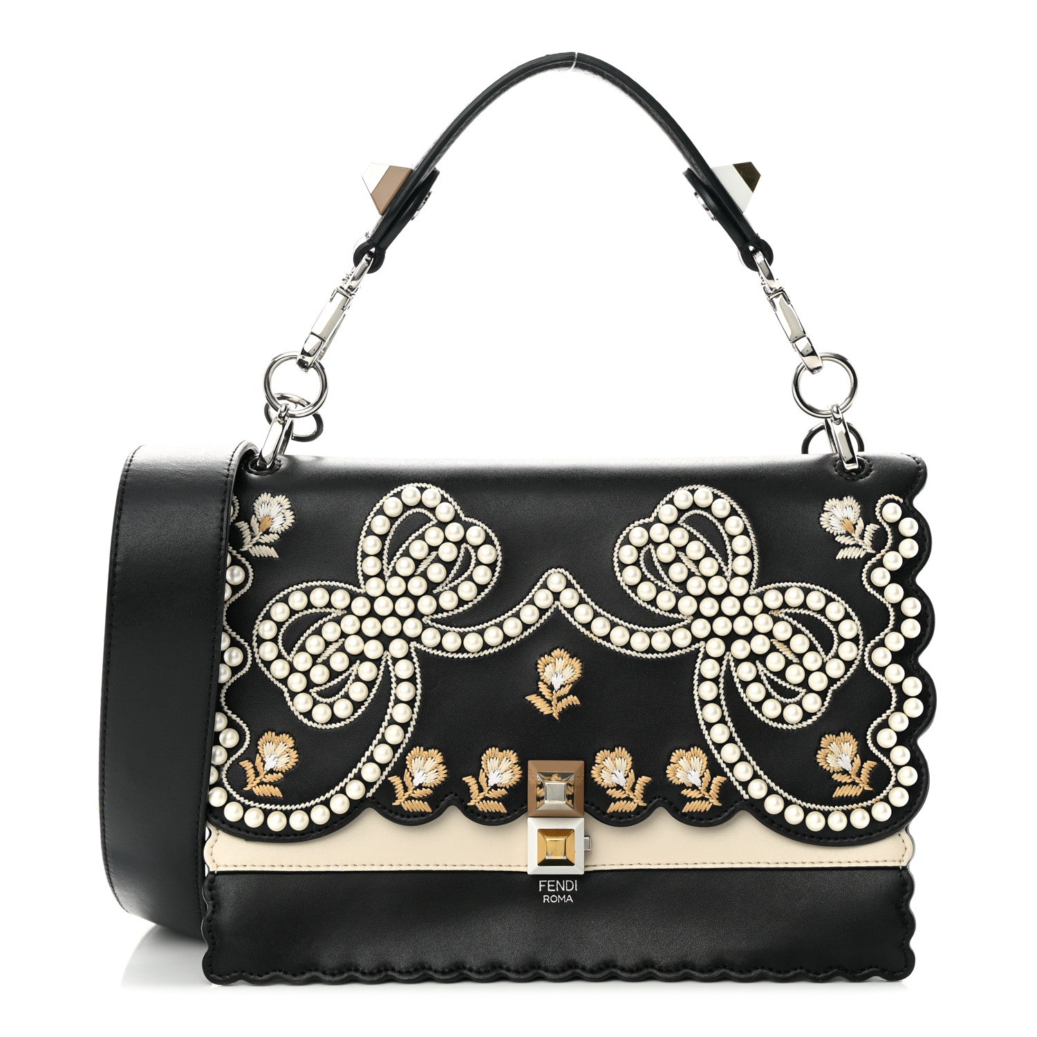Fendi Vitello Liberty Pearl Bi-Color Flowers and Bows Scalloped Studded Kan I Shoulder Bag Black Camelia 1 of 13