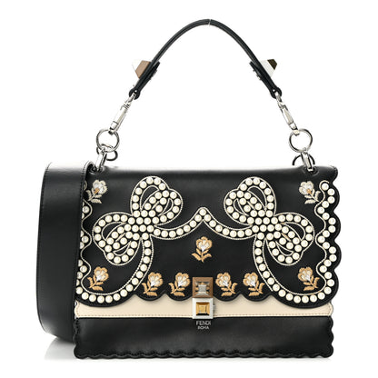 Fendi Vitello Liberty Pearl Bi-Color Flowers and Bows Scalloped Studded Kan I Shoulder Bag Black Camelia 1 of 13