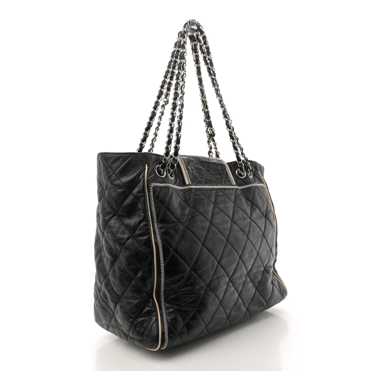 Glazed Lambskin Quilted Large North South Tote Black