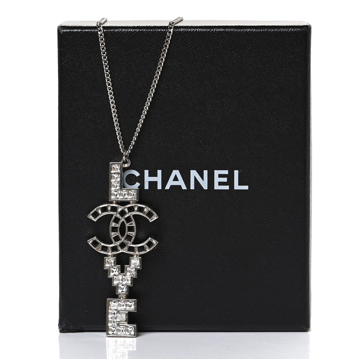 Chanel Baguette Crystal Coco Love CC Pendant Necklace Silver Black 7 of 7