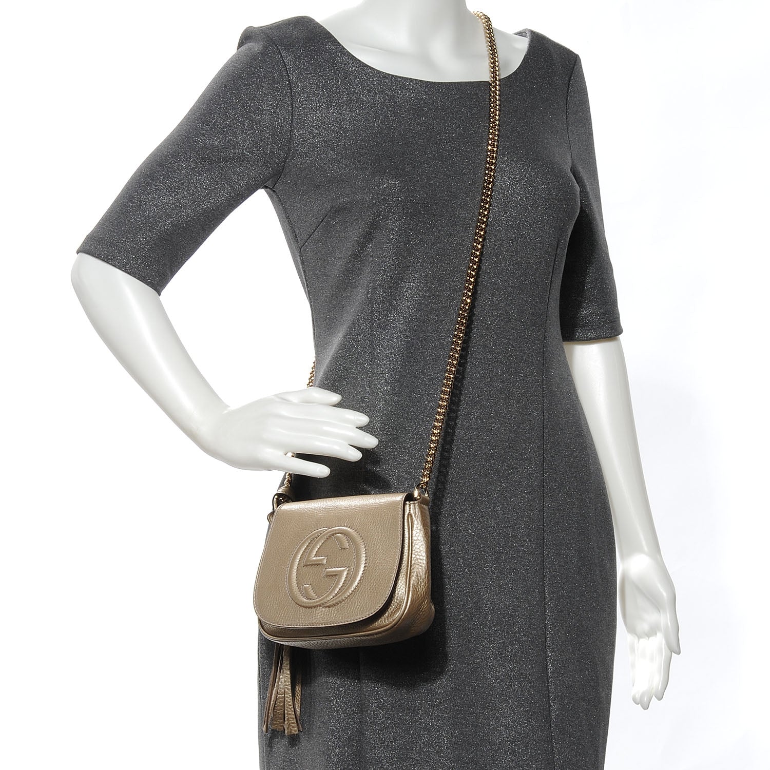 Gucci Metallic Pebbled Calfskin Small Soho Flap Crossbody Golden Beige 2 of 7