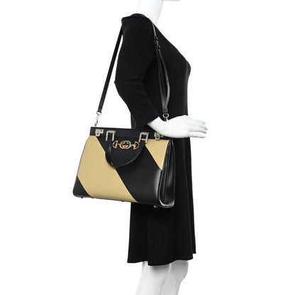 Gucci Smooth Calfskin Diagonal Striped Medium Zumi Top Handle Bag Black Beige 2 of 10