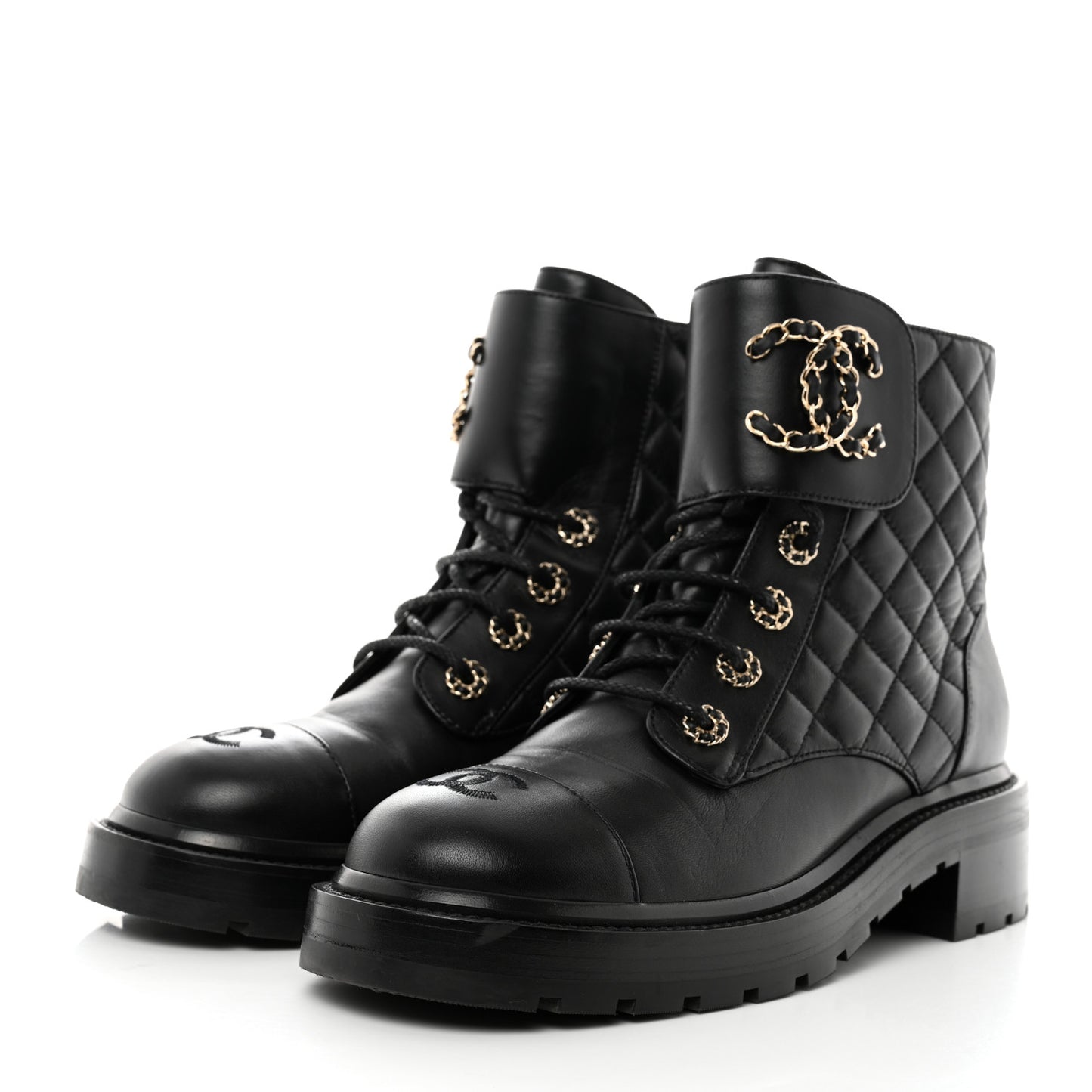 Shiny Calfskin Quilted Lace Up Combat Boots 39 Black