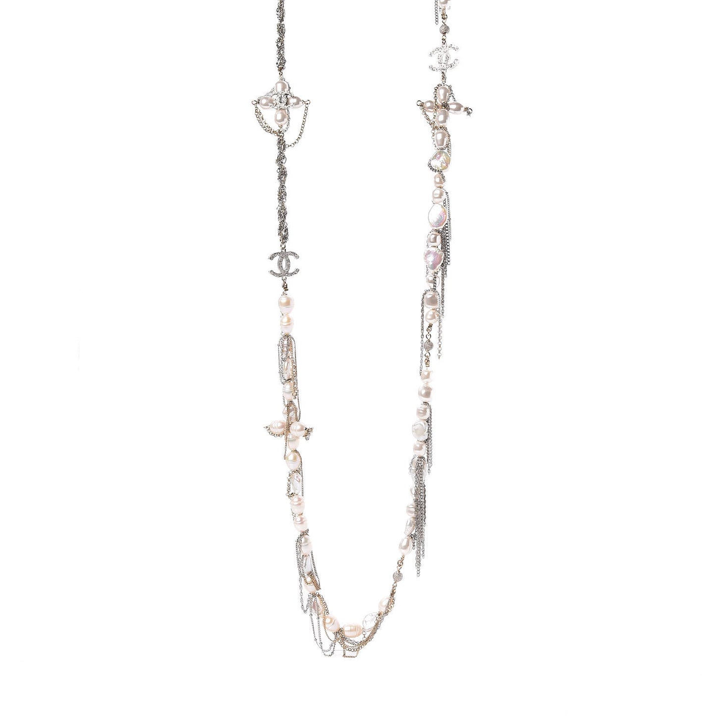 Graduated Pearl CC Long Necklace Gold Silver