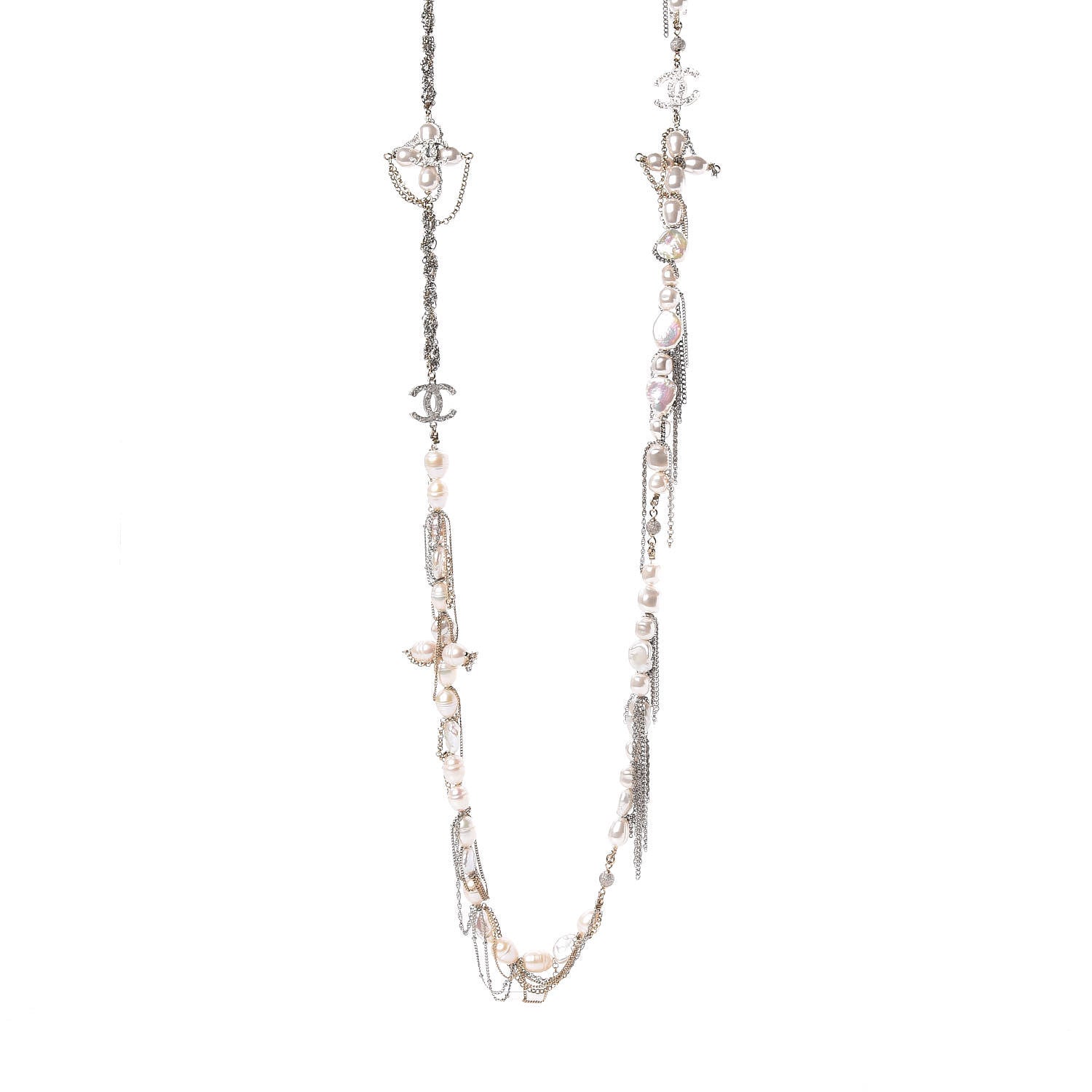 Chanel Graduated Pearl CC Long Necklace Gold Silver 1 of 6