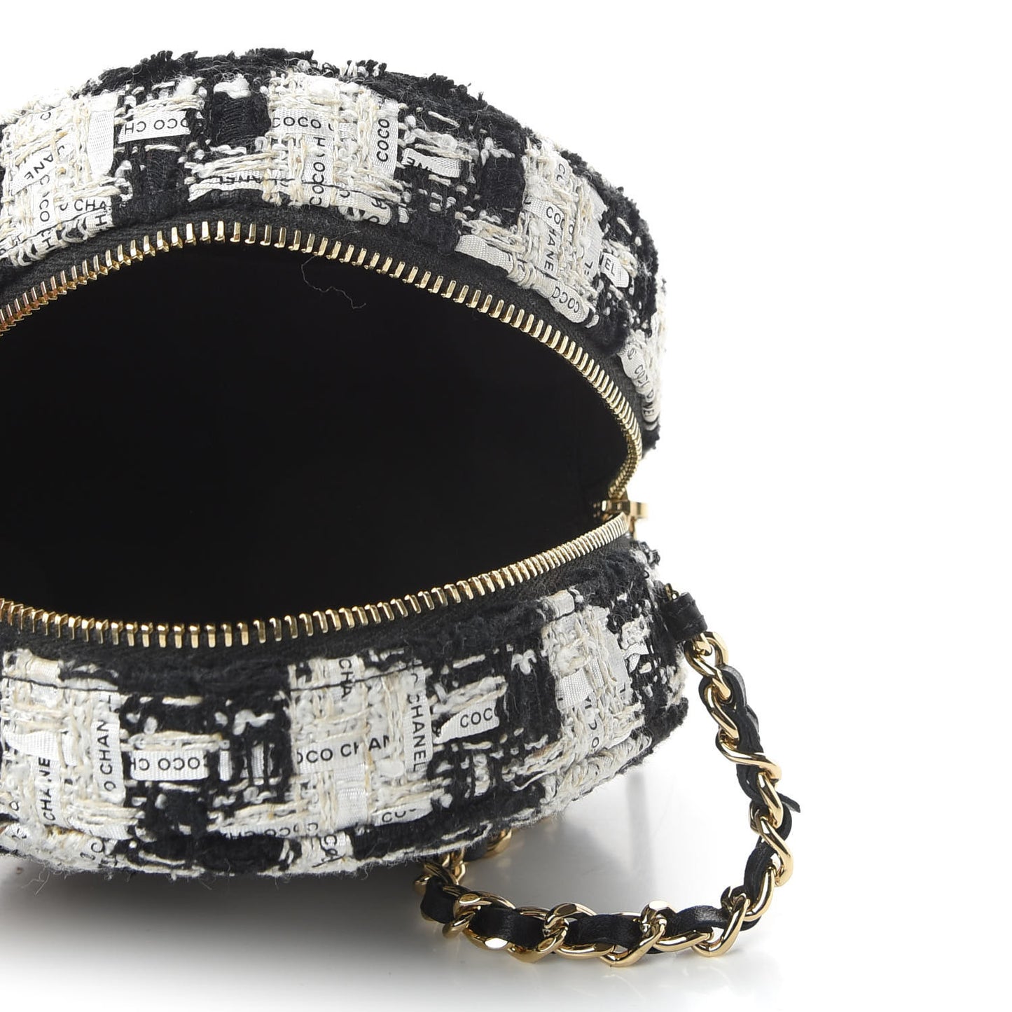 Tweed Round Clutch With Chain Black White