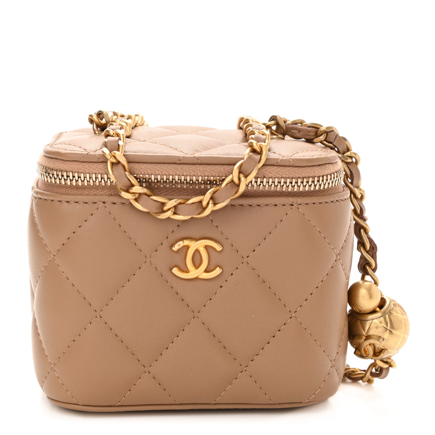 Lambskin Quilted Pearl Crush Mini Vanity Case With Chain Beige