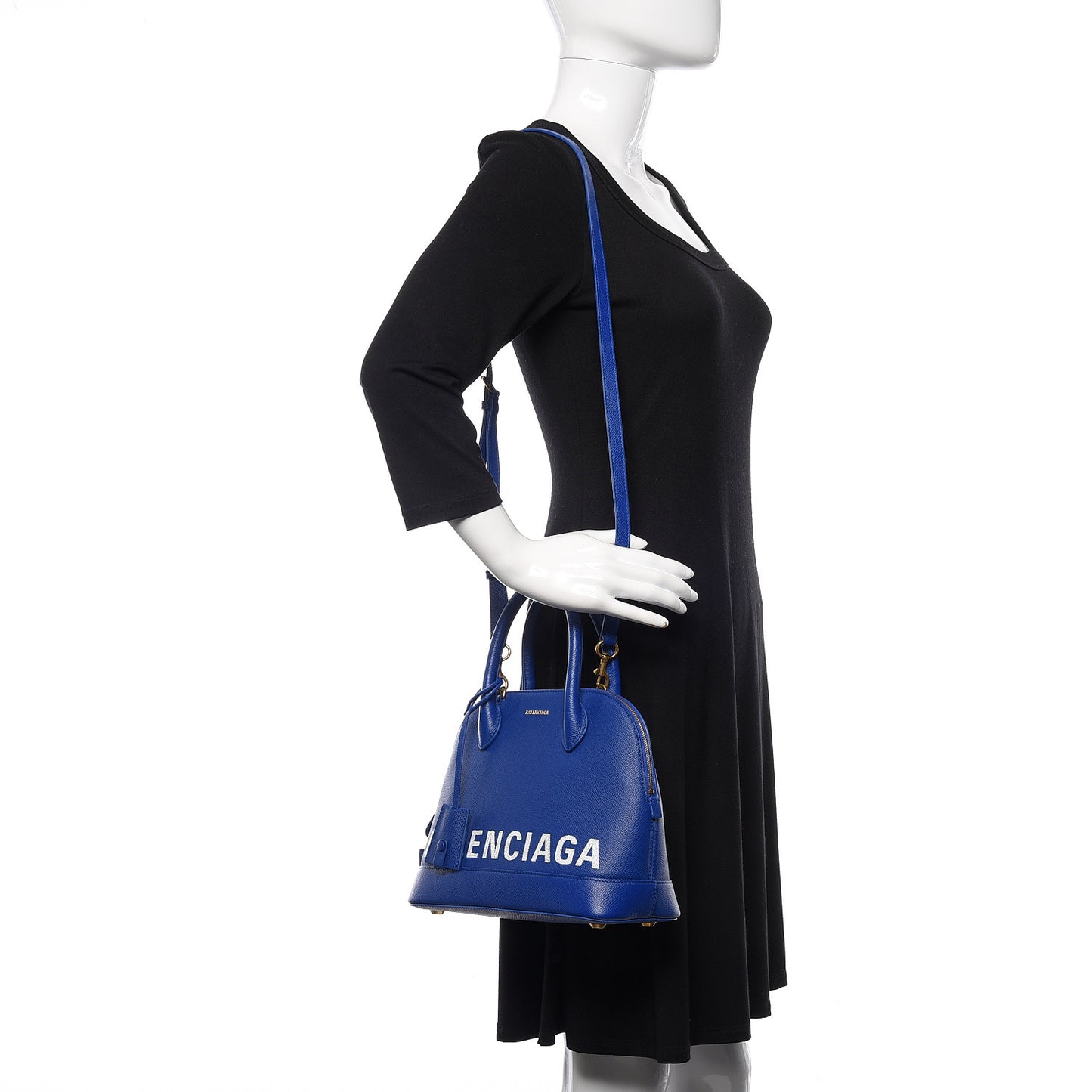 Signature Grained Calfskin Logo S Ville Top Handle Bag Bleu Roi White