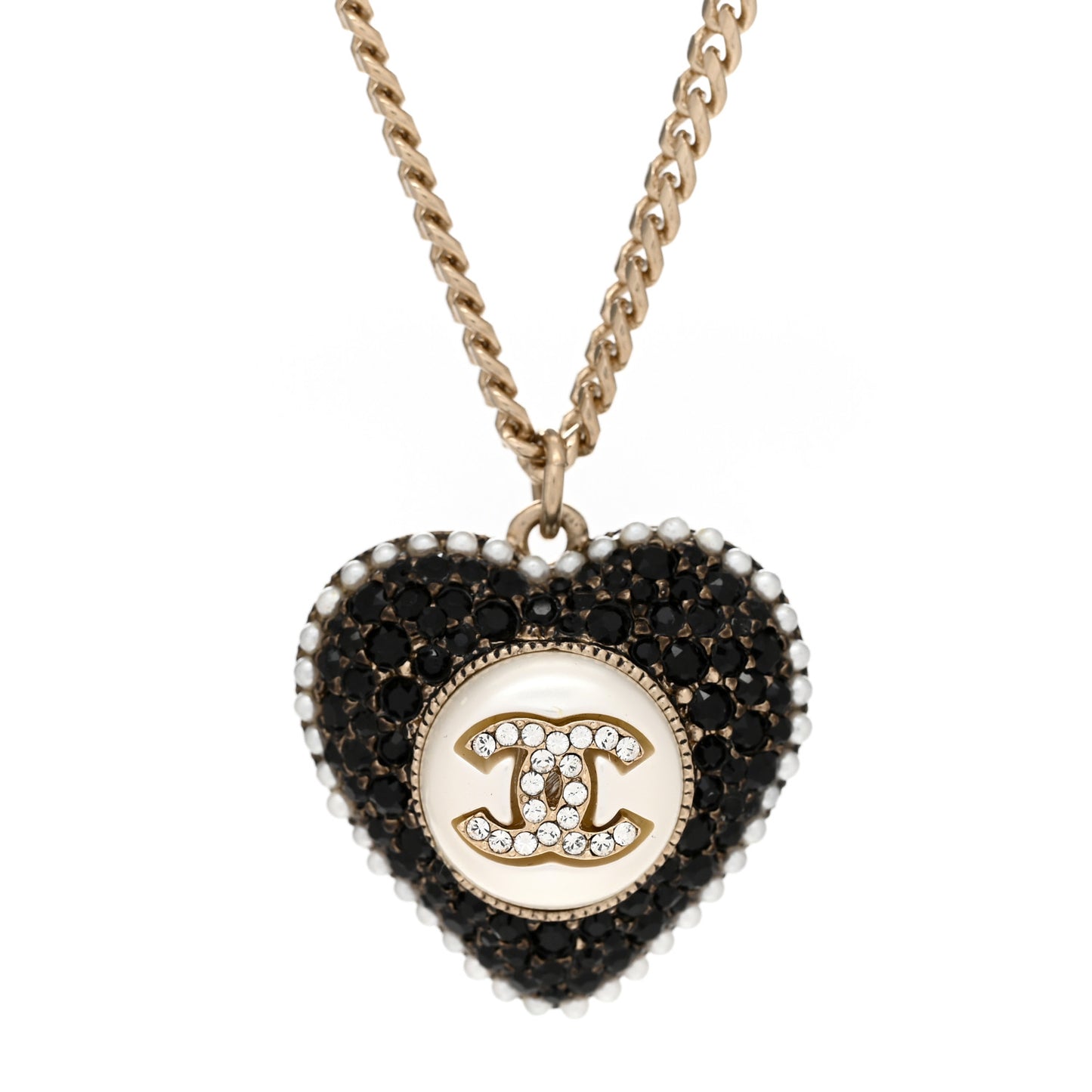 Pearl Crystal CC Heart Necklace Gold Pearly White Black