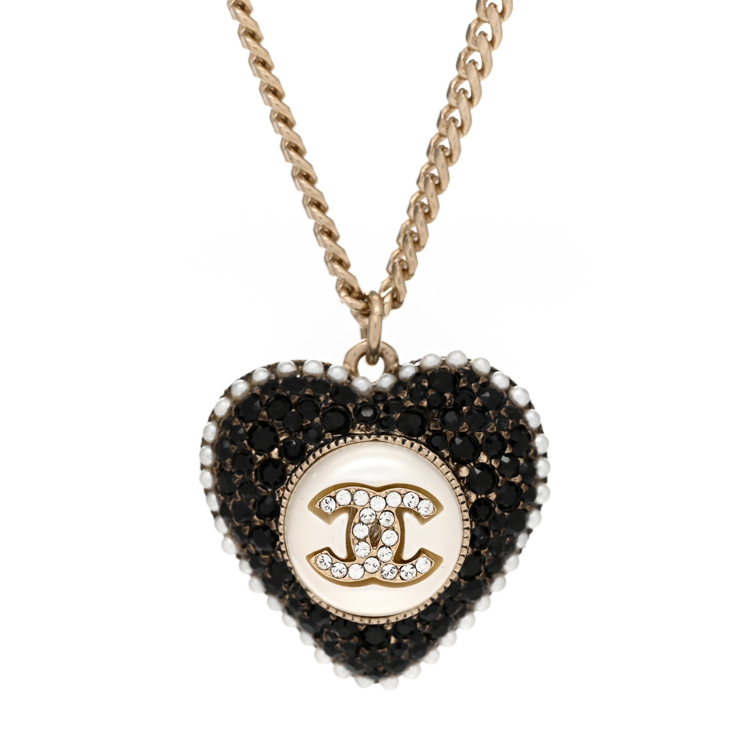 Chanel Pearl Crystal CC Heart Necklace Gold Pearly White Black 4 of 5