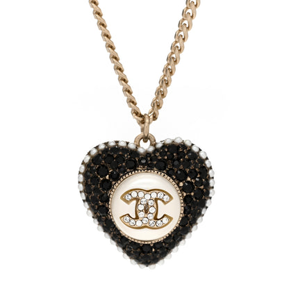 Chanel Pearl Crystal CC Heart Necklace Gold Pearly White Black 4 of 5