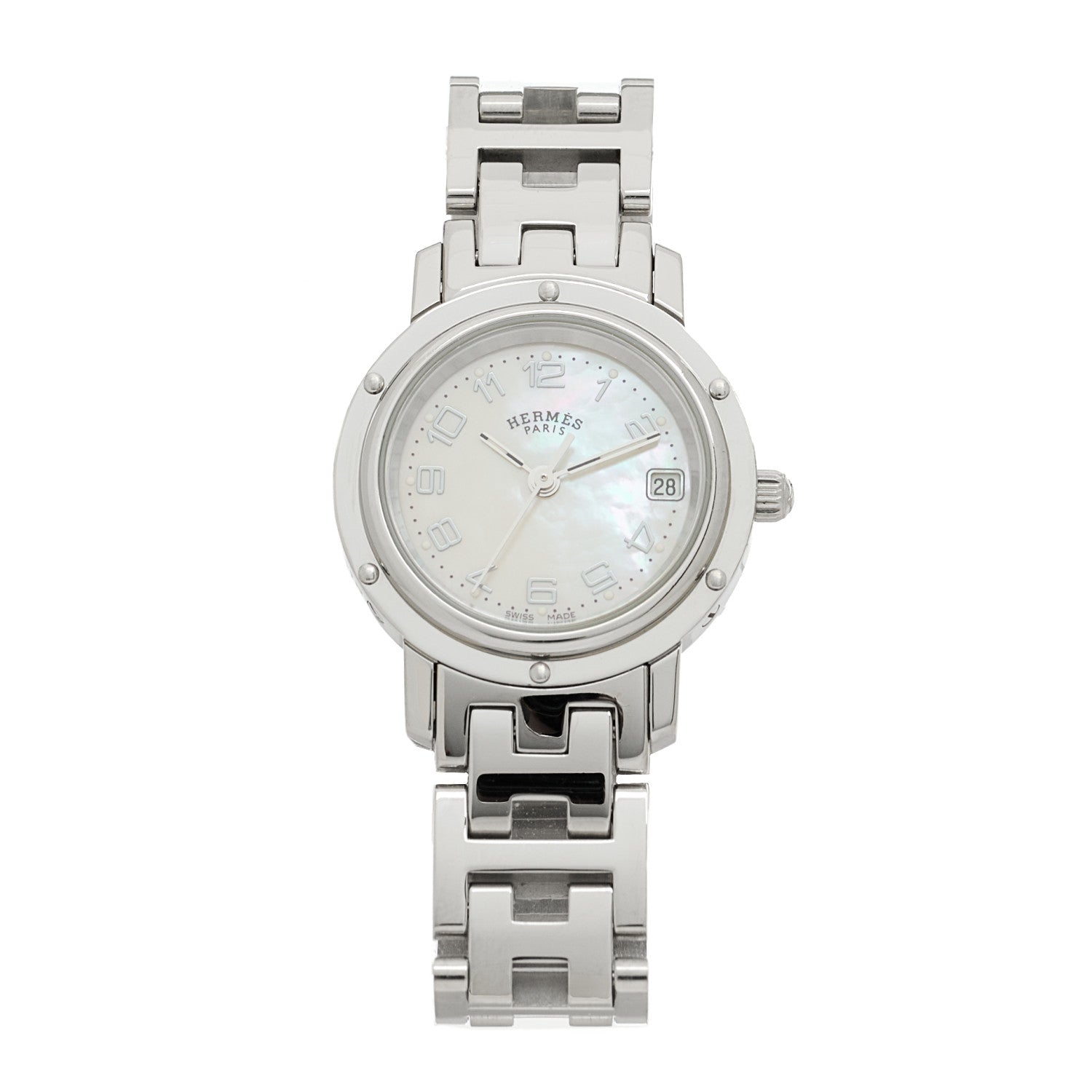Hermes Stainless Steel Pink Mother of Pearl 24mm Clipper Quartz Watch 1 of 4