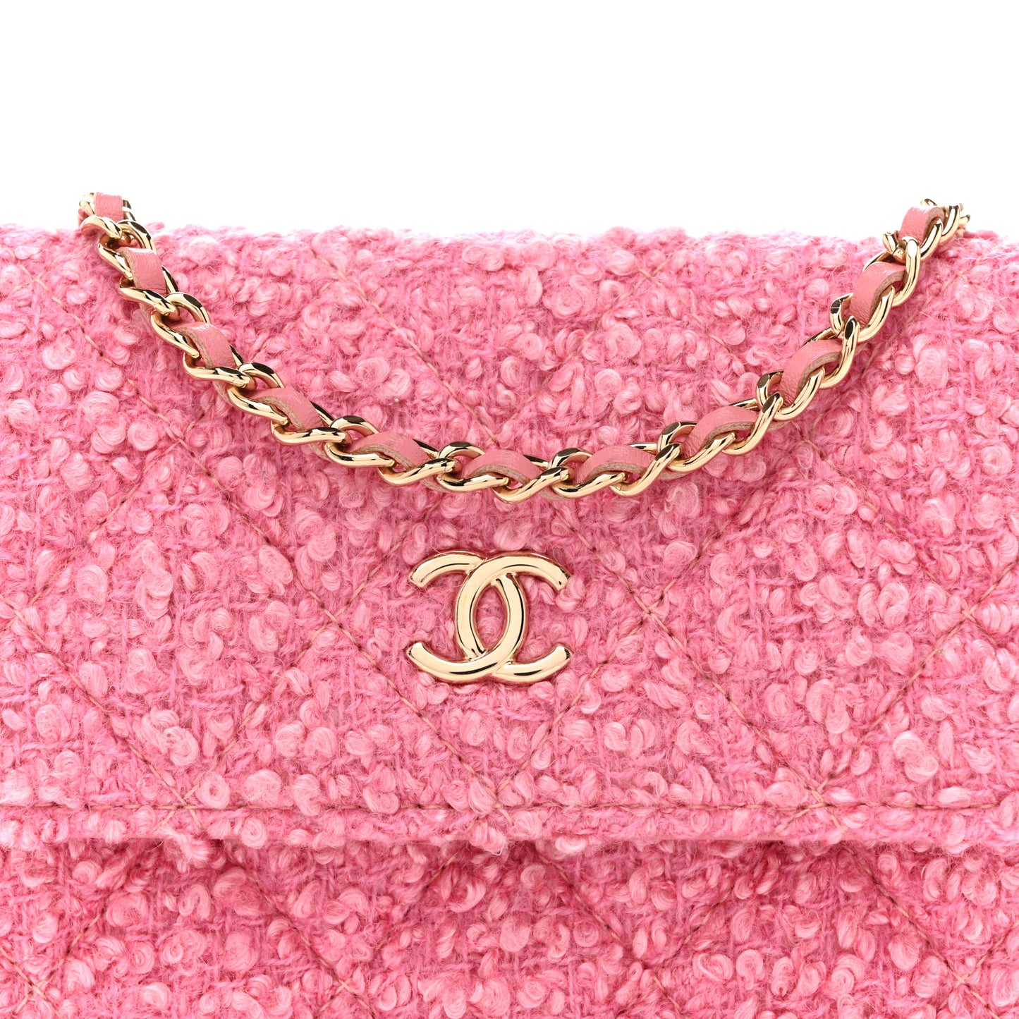 Tweed Quilted Flap Chain Waist Bag Pink