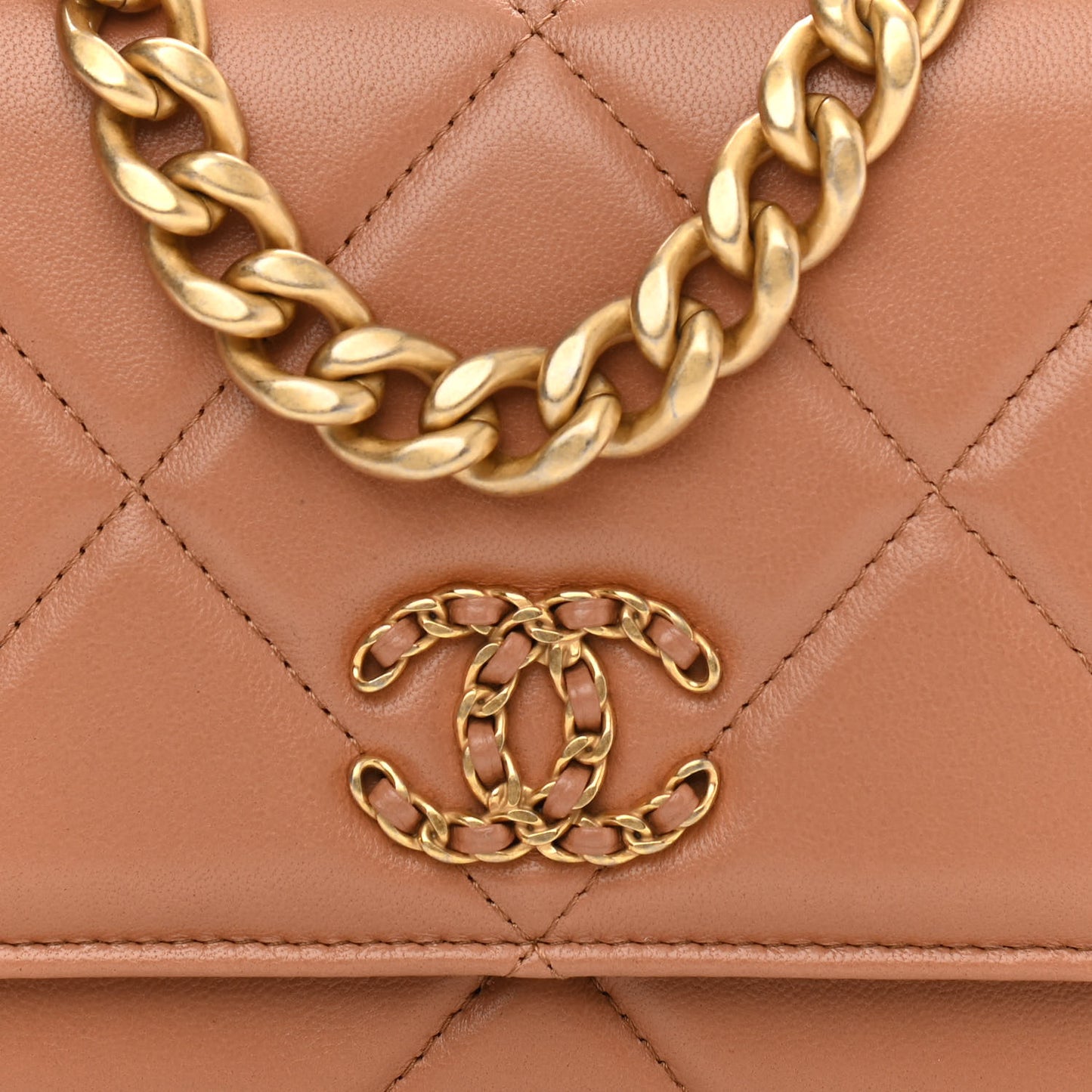 Lambskin Quilted Chanel 19 Wallet On Chain WOC Brown
