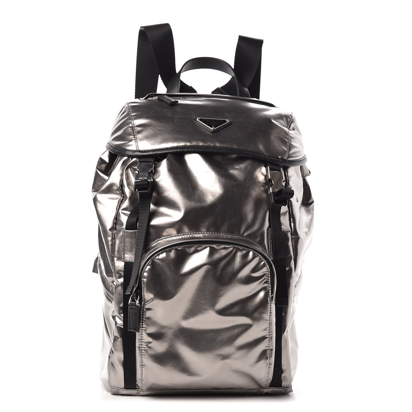 Metallic Tessuto Nylon Saffiano Double Buckle Backpack Silver