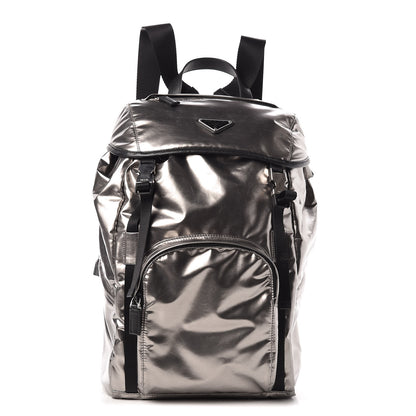 Prada Metallic Tessuto Nylon Saffiano Double Buckle Backpack Silver 1 of 7