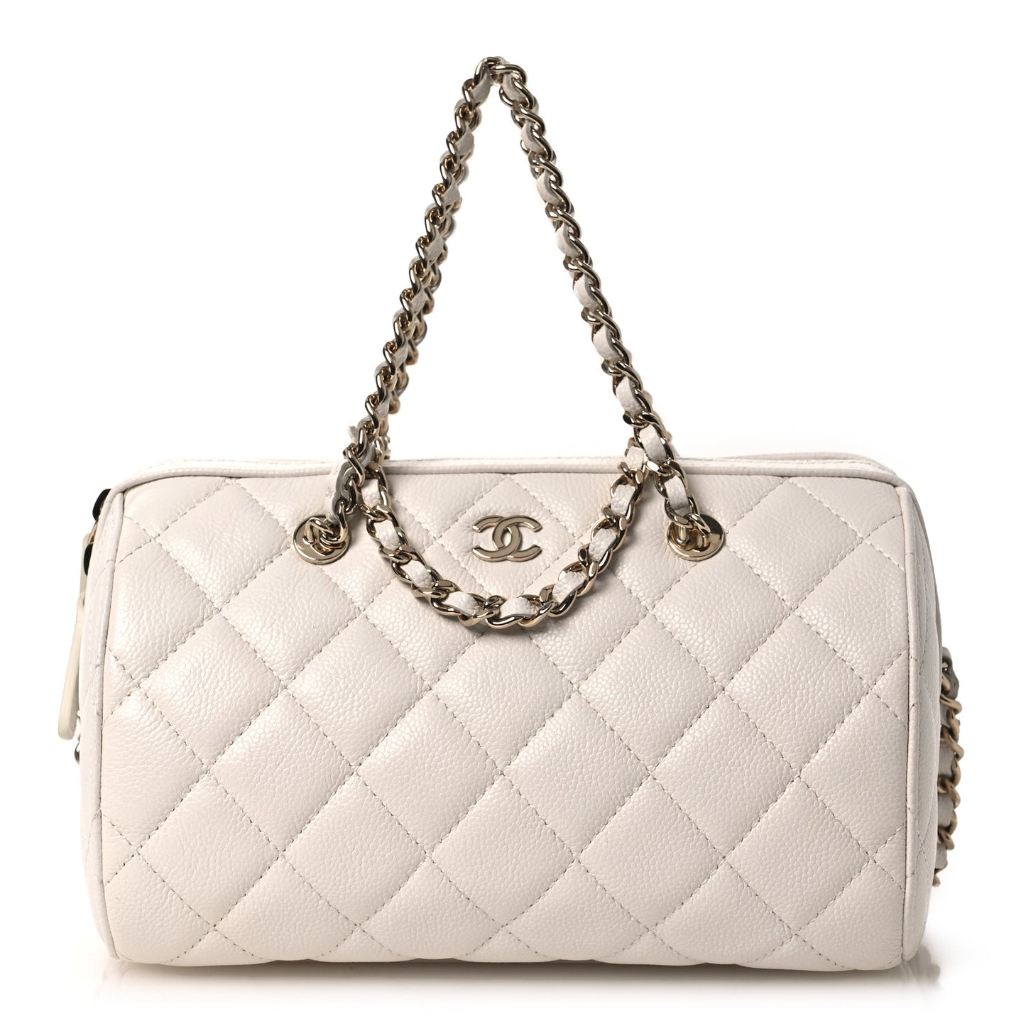Caviar Quilted Barrel Clutch With Chain White