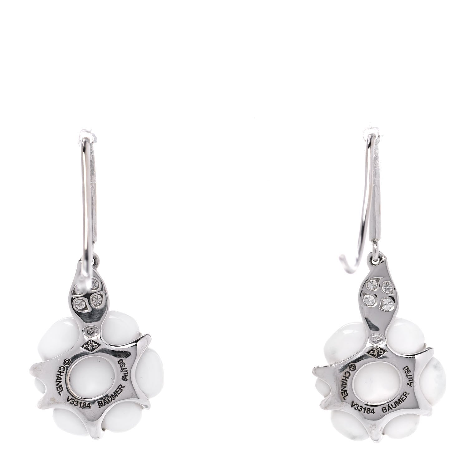 Chanel 18K White Gold Diamond White Agate Camellia Earrings 3 of 5