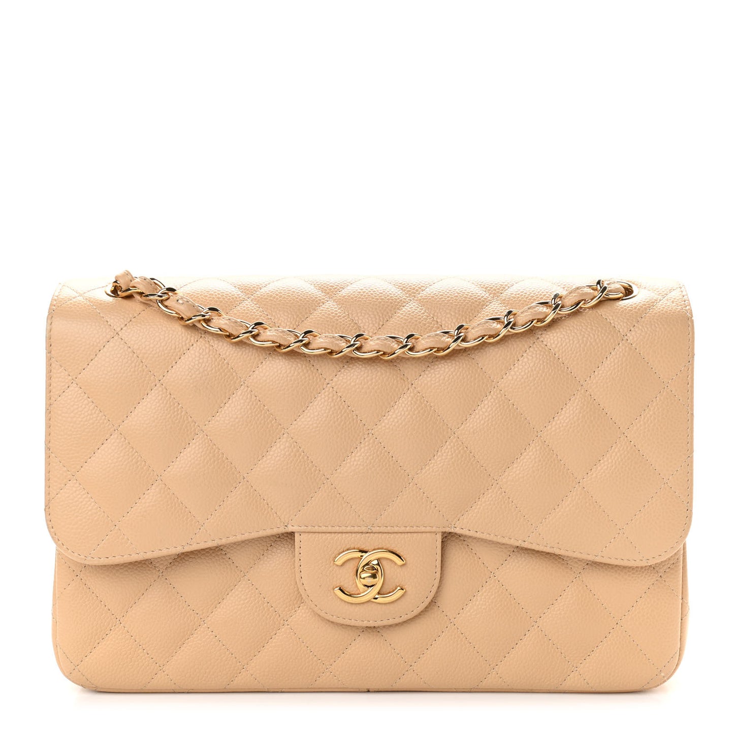 Caviar Quilted Jumbo Double Flap Beige Clair