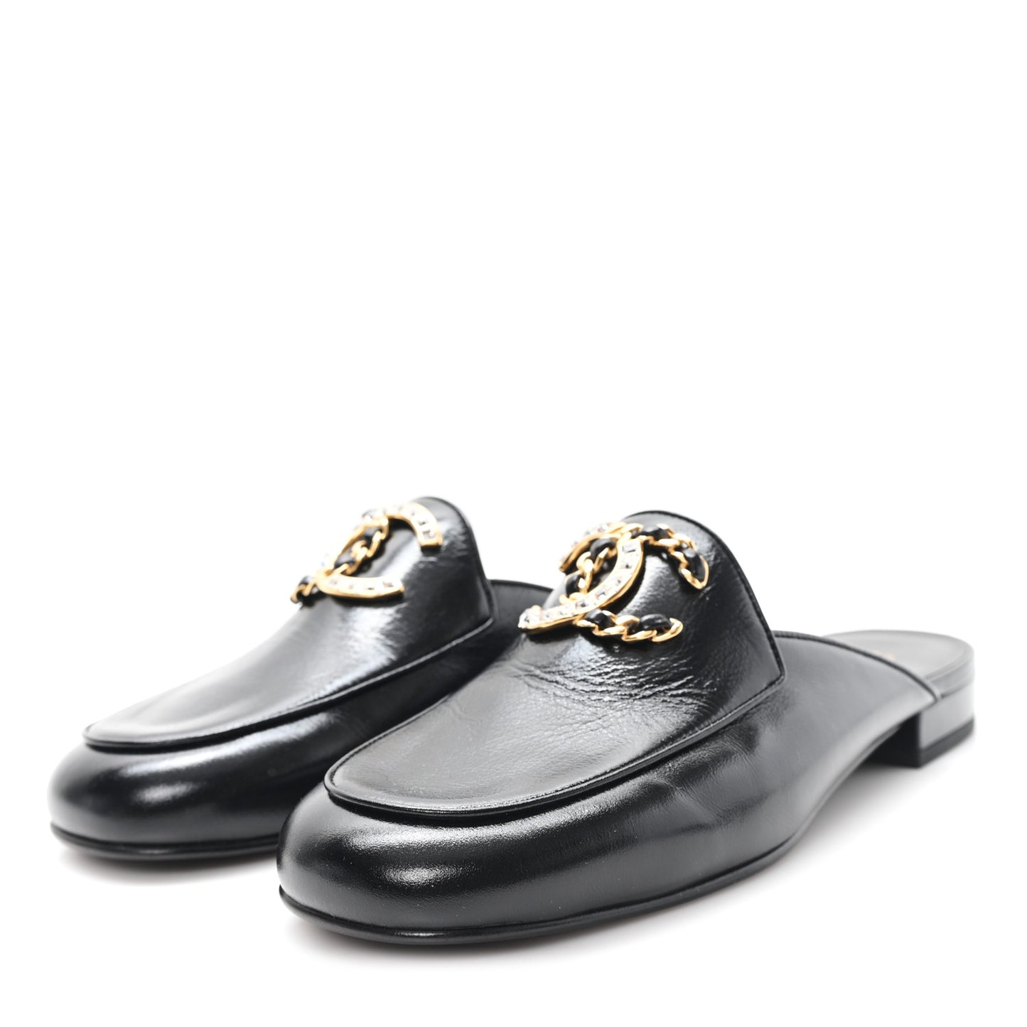 Shiny Calfskin Crystal CC Mules 38 Black