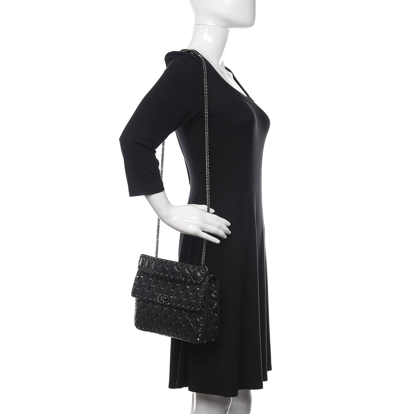 Craquele Nappa Medium Rockstud Spike Shoulder Bag Black