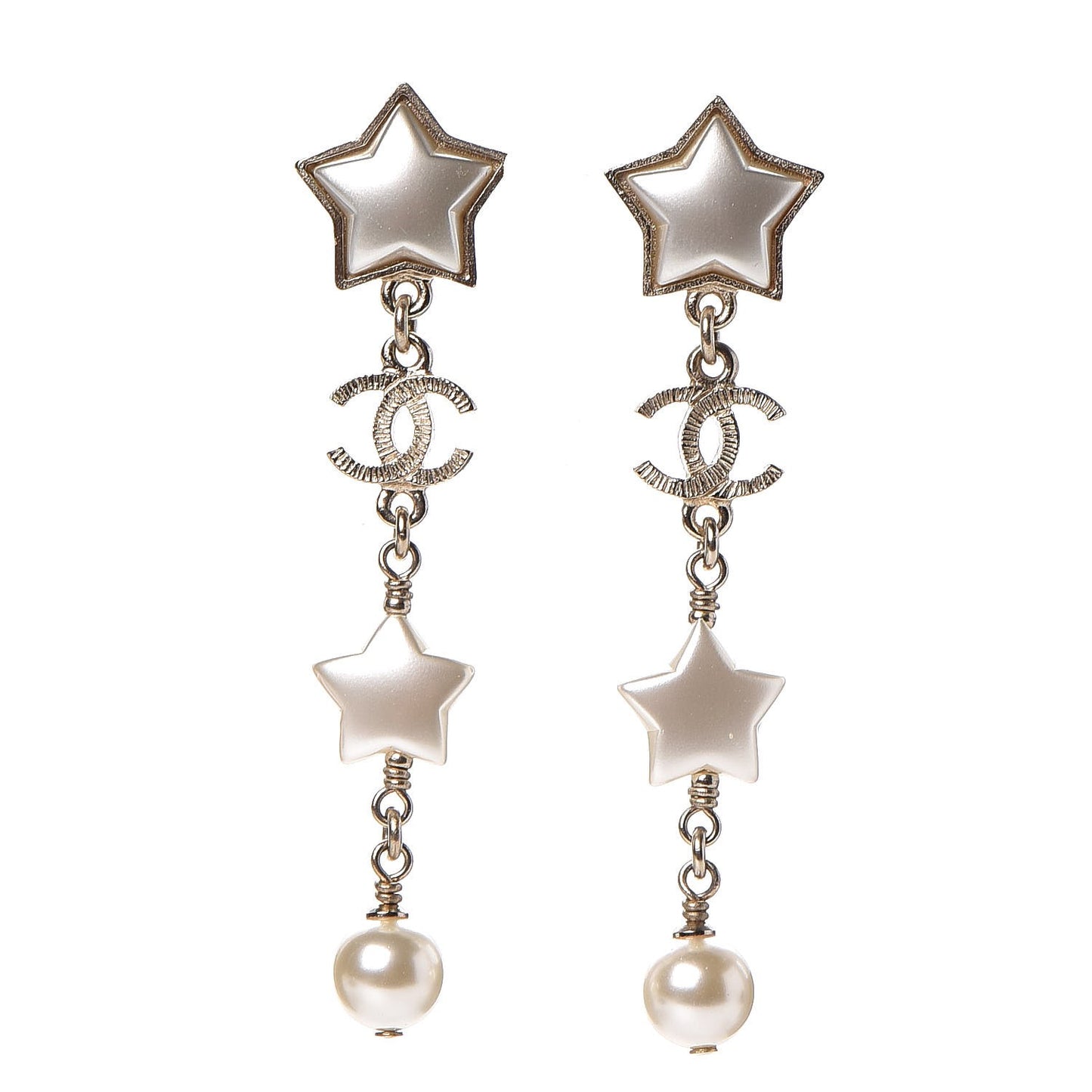 Metal Resin Pearl CC Star Dangle Earrings Gold