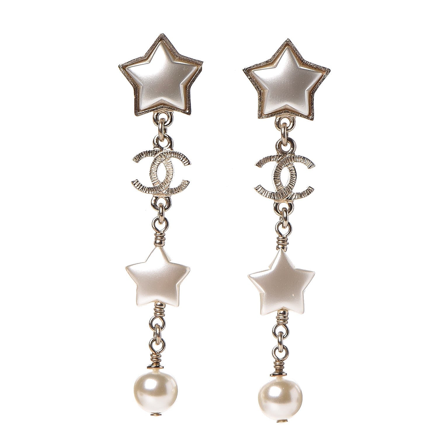 Chanel Metal Resin Pearl CC Star Dangle Earrings Gold 1 of 4