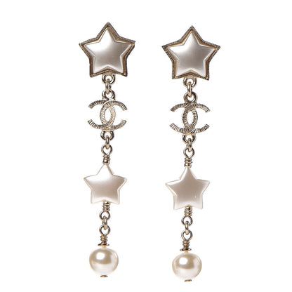 Chanel Metal Resin Pearl CC Star Dangle Earrings Gold 1 of 4