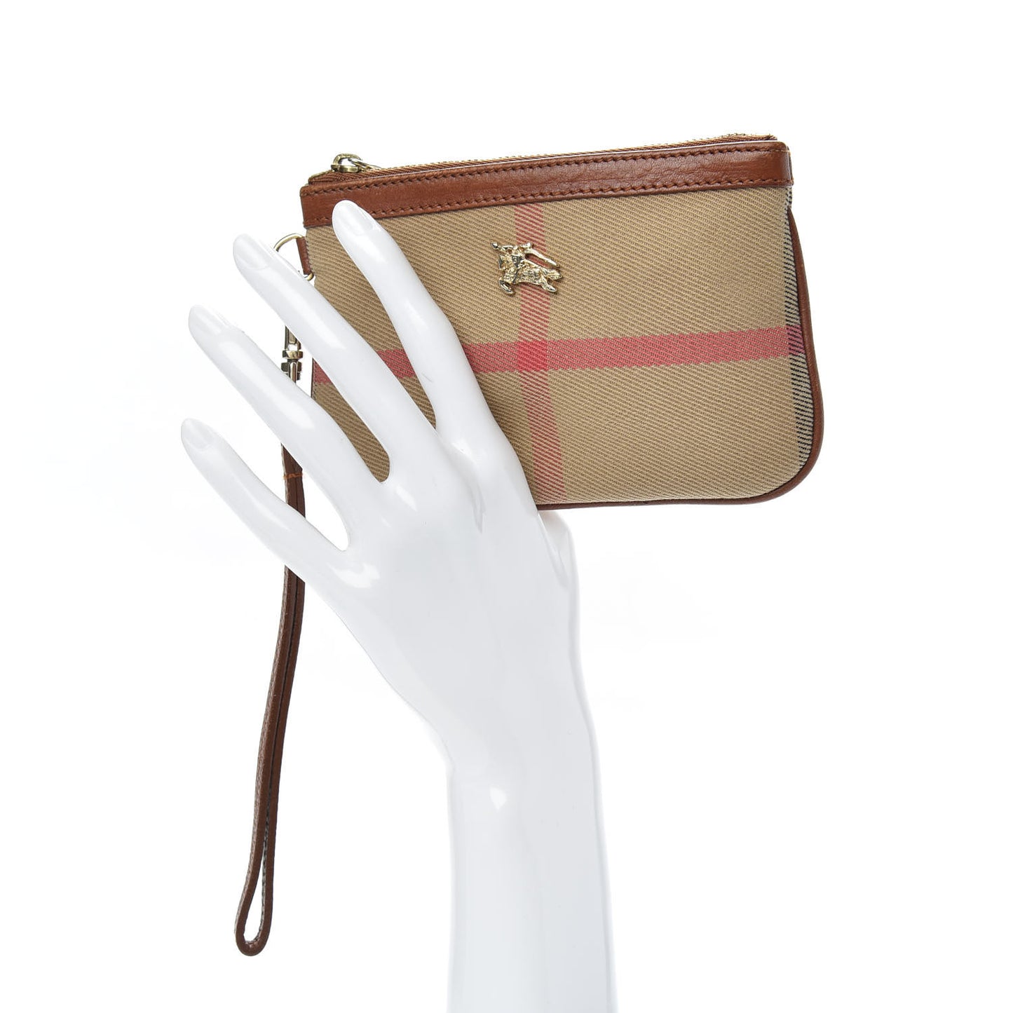House Check Zip Wristlet Pouch Brown