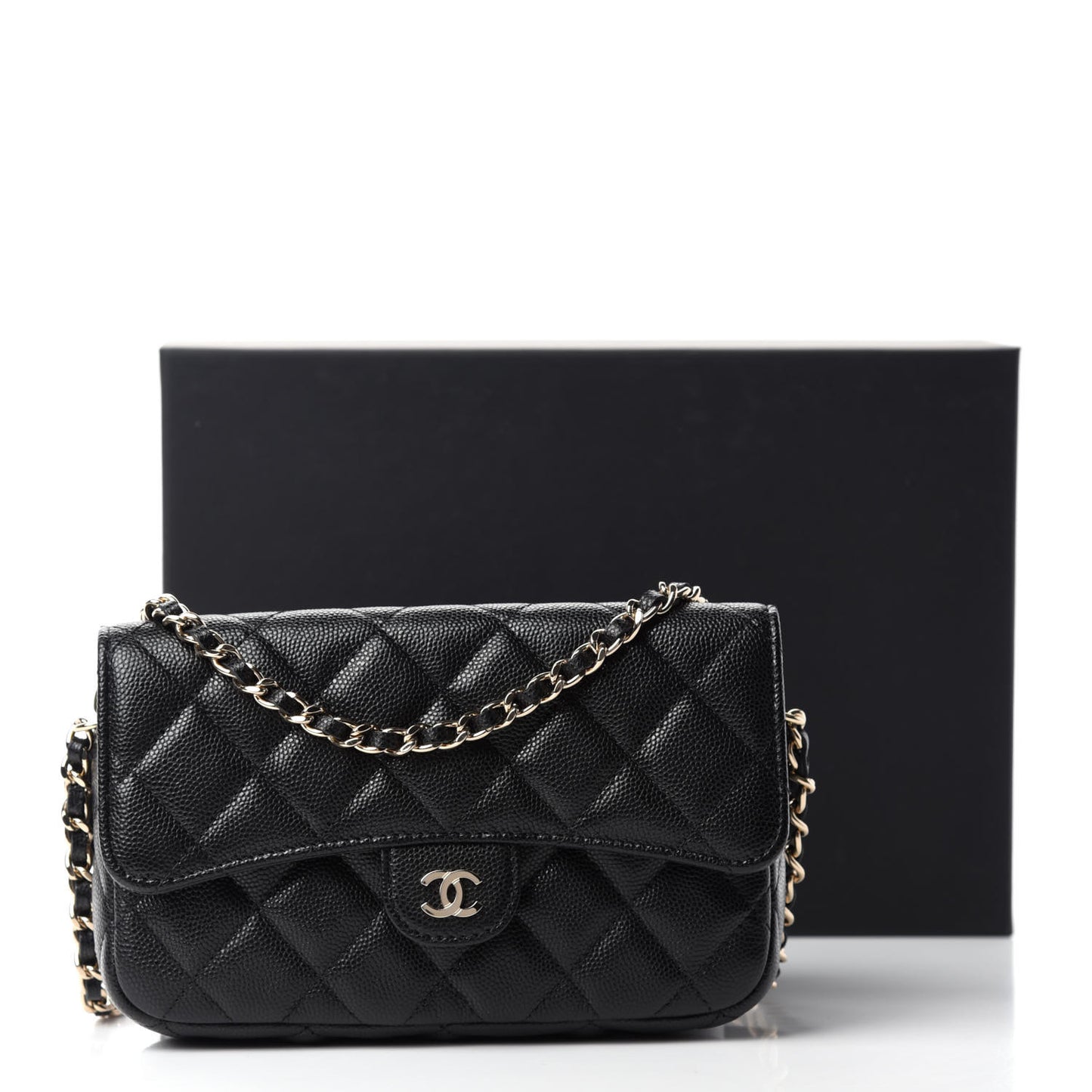 Caviar Quilted Flap Phone Holder With Chain Black