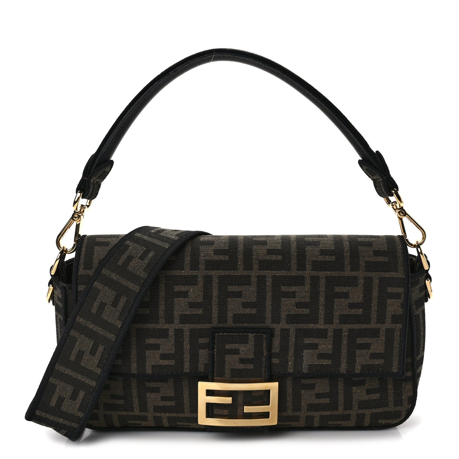 Fendi Fabric Jacquard FF 1974 Medium Baguette Tobacco Moro Black 1 of 13